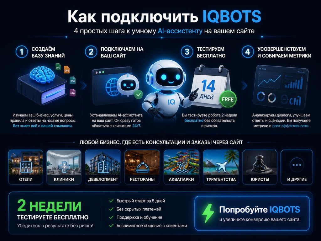 2 недели тестируете бесплатно: быстрый старт за 5 дней, без скрытых платежей, поддержка и безлимитное общение с клиентами. Попробуйте IQBOTS.