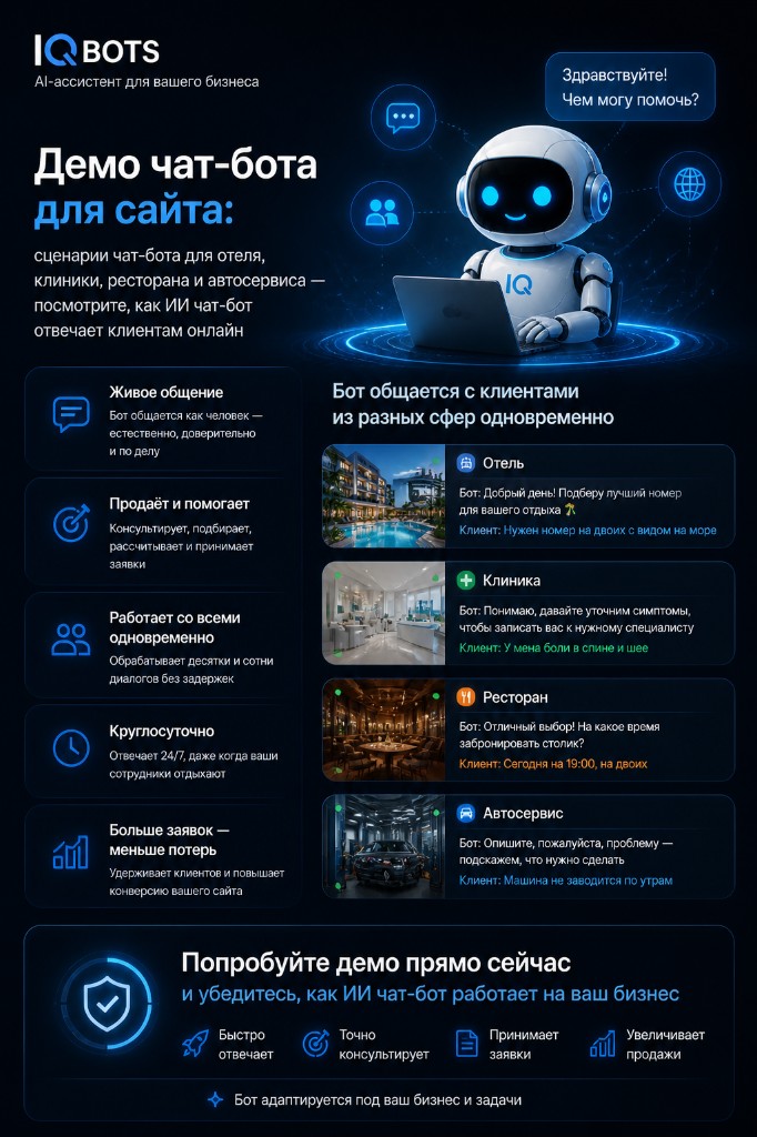 IQ BOTS: демо чат-бота для сайта — сценарии для отеля, клиники, ресторана и автосервиса; преимущества и примеры диалогов.