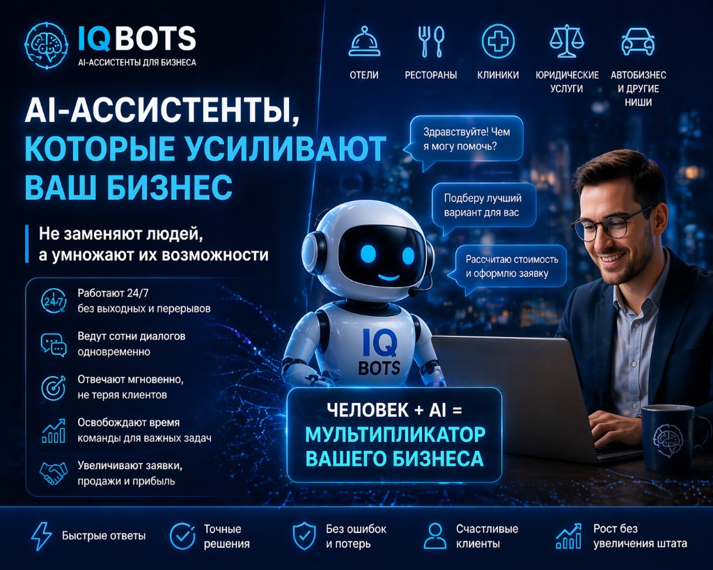 IQ BOTS: AI-ассистенты для бизнеса — умножают возможности команды; круглосуточная работа, мгновенные ответы, рост заявок.